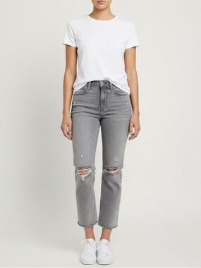 High-Rise Grey Cropped Distressed Jeans